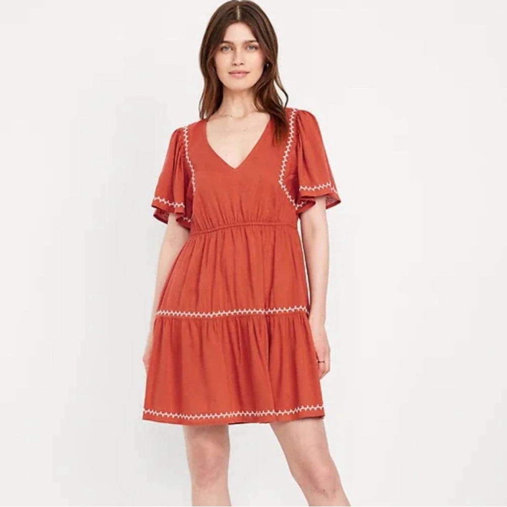 NWT Old Navy Orange Tiered Embroidered Mini Dress Flutter Sleeves